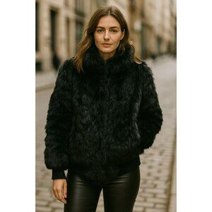 Niki Real Rabbit Fur Bomber Jacket Women’s Size L Black Genuine Fur Short Coat L